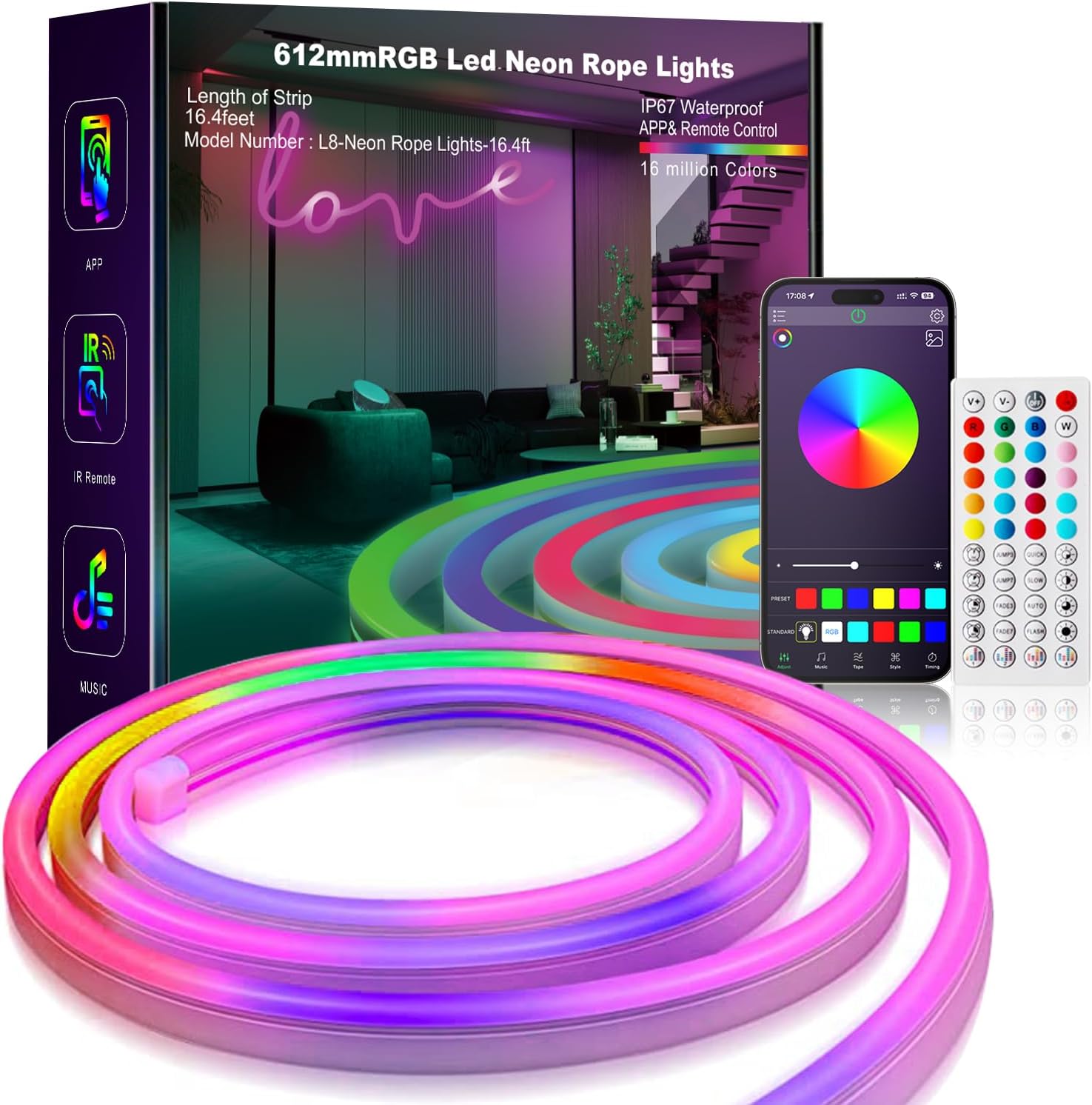 Urban Zie Smart RGB Matrix Neon Flex Light – 5M, Music Sync, App & Remote Controlled (16 Million Colors With Matrix Mods and fully flexible